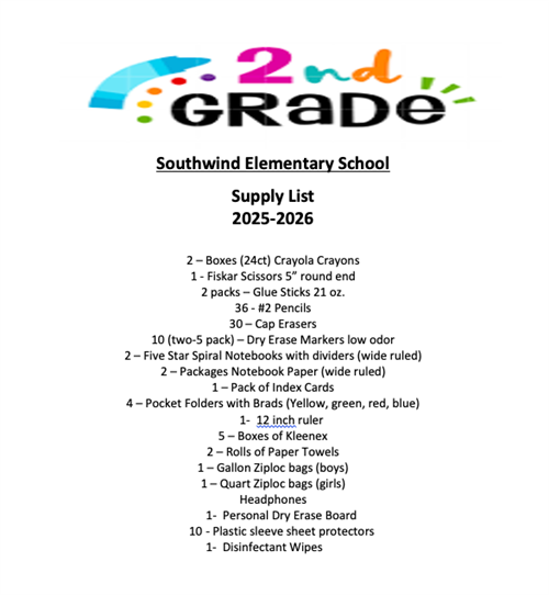 2nd Grade Supply List 2025-2026